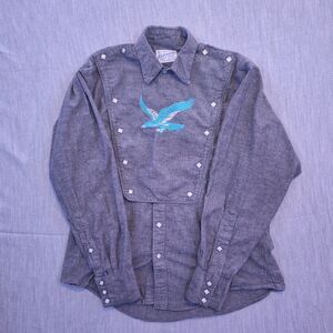 VTG Rockmount Ranch Wear Western Bib Shirt M?Gray Teal Bald Eagle Pearl Snap USA